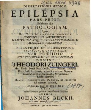 Dissertationis Medicae De Epilepsia Pars ..., 1.. Exhibens ejus Pathologiam