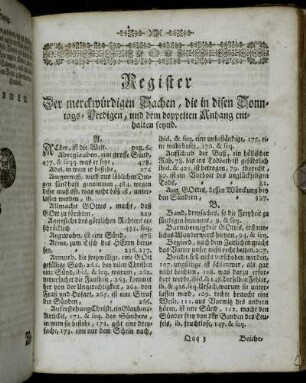 Register Der merckwürdigen Sachen, die in disen Sonntags-Predigen, und dem doppelten Anhang enthalten seynd