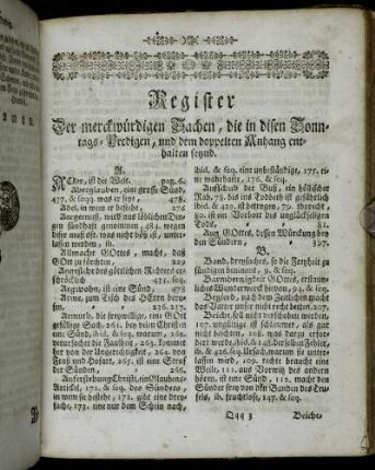 Register Der merckwürdigen Sachen, die in disen Sonntags-Predigen, und dem doppelten Anhang enthalten seynd