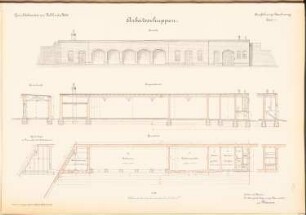 Amtsgericht und Gefängnis, Lublinitz: Arbeitsschuppen: Ansicht, Grundriss, Schnitte 1:100