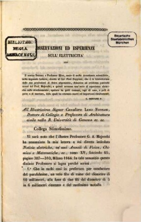 Osservazioni ed Esperienze sull'elettricità