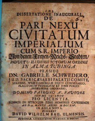 Diss. inaug. de pari nexu civitatum imperialium cum S. R. Imperio