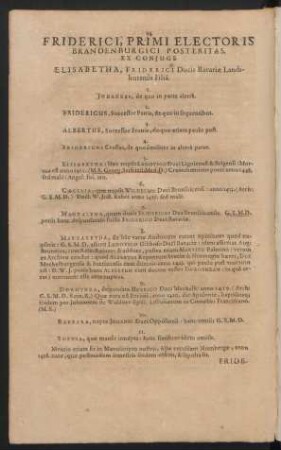Friderici, Primi Electoris Brandenburgici Posteritas, Ex Coniuge