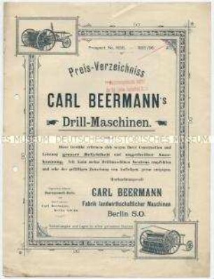 Preis-Verzeichnis für CARL BEERMANN'S Drill-Maschinen.