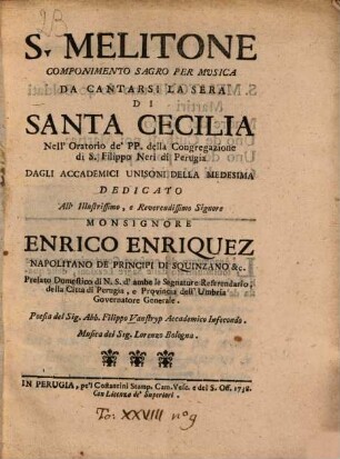S[anta] Melitone : componimento sagro per musica