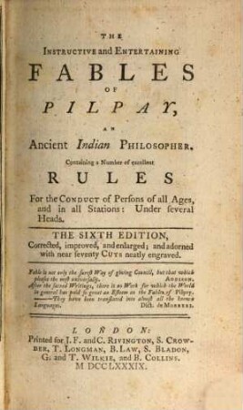 The instructive and entertaining Fables of Pilpay, an Ancient Indien Philosopher
