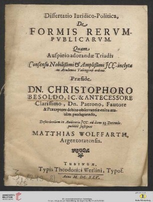 Dissertatio Iuridico-Politica, De Formis Rerum-Publicarum