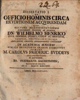 Dissertatio I. De Officio Hominis Circa Ervditionem Acqvirendam