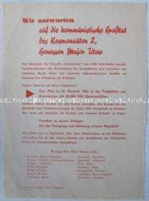 Propagandaflugblatt einer Brigade der Nickelhütte Aue zum Weltraumflug von German Titow