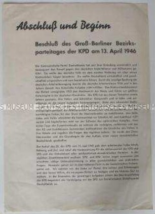 Flugblatt mit dem Beschluss des Bezirksparteitages der KPD Berlin über die Vereinigung mit der SPD