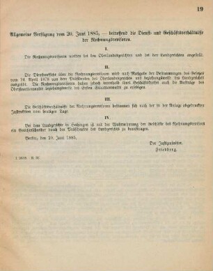 Allgemeine Verfügung vom 20. Juni 1885, - betreffend die Dienst- und Geschäftsverhältnisse der Rechnungsrevisoren