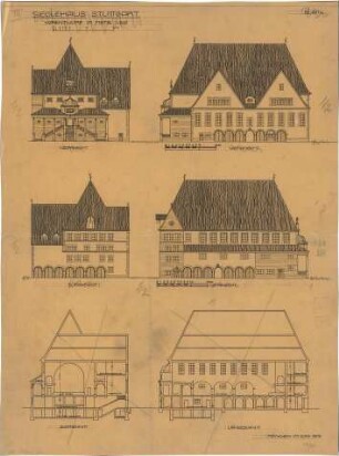 Fischer, Theodor; Stuttgart; Gustav-Siegle-Haus - Ansichten, Querschnitt, Längsschnitt