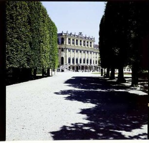 Schönbrunn: Schloss, seitlich durch Baumallee