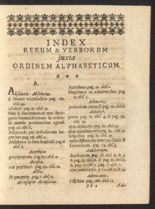 Index Rerum & Verborum iuxta Ordinem Alphabeticum.