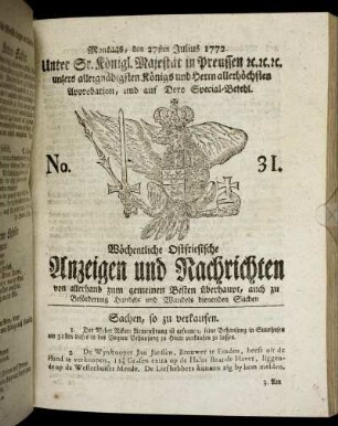 No. 31. Montags, den 27sten Julius 1772.