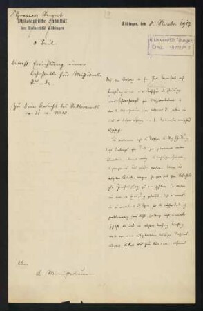 Großer Senat/Philosophische Fakultät: Errichtung einer Lehrstelle für Missionskunde (1917)