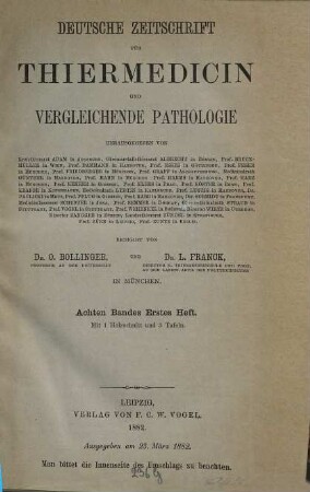 Deutsche Zeitschrift für Thiermedicin und vergleichende Pathologie. 8, 8. 1882