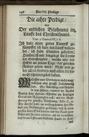 Die achte Predigt / von Der endlichen Belohnung im Lauffe des Christenthums.