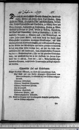Demnach die unerforschliche Vorsicht Gottes den durchleuchtigsten Fürsten und Herrn Herrn Carl Theodor, Pfalzgrafen bey Rhein, Herzogen in Ober- und Niederbaiern, des heil. röm. Reichs Erztruchsessen und Churfürsten, zu Gülich, Cleve und Berg Herzogen, Landgrafen zu Leuchtenberg, Fürsten zu Mörs, Marquis zu Bergen op Zoom, Grafen zu Veldenz, Sponheim, der Mark und Ravensberg, Herrn zu Ravenstein [et]c. [et]c. den 16. laufenden Monaths 20. Minuten nach 3 Uhr Nachmittags, im 75ten Jahre seines Alters, nach einem durch den Anfall eines Schlagflusses verursachten viertägigen Krankenlagers, und allen empfangenen heil. Sterbegeheimnissen, mit vollkommener Ergebung in den Willen des Allerhöchsten aus diesem zeitlichen vermuthlich in das ewig selige Leben versetzet hat ... : München den 19. Hornung 1799. Churfl. Kammerfouriers, Menrad von Vorwaltern, und Nikolaus Hazard.