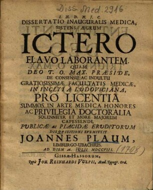 Dissertatio Inauguralis Medica, Sistens Aegrum Ictero Flavo Laborantem