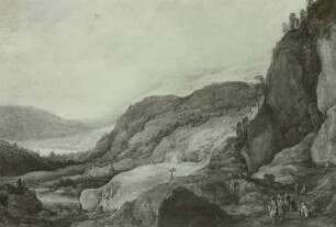 Berglandschaft mit 4 Reitern und 2 Bettlern