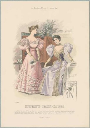 Illustrirte Frauen-Zeitung: Ball-Toilette und Gesellschafts-Toilette mit Bauschärmeln