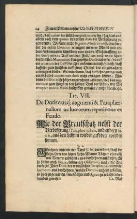 Tit. VII. De Dotis eiusque augumenti & Paraphernalium ac lucrorum repetitione ex Feudo.