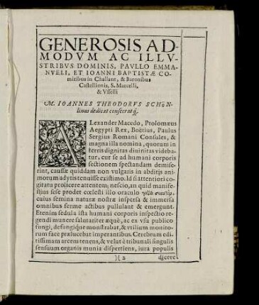Generosis Admodum Ac Illustribus Dominis, Paulo Emmanuelli, Et Ioanni Baptistæ Comitibus in Challant, & Baronibus Castellionis, S. Marcelli, & Usselli.