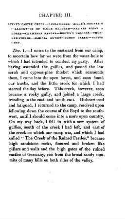 Ruined Castle Creek - Zamia Creek - Bigge's Mountain - Allowance of flour reduced - Natives spear a horse - Christmas Ranges - Brown's Lagoons - Thunder-storms - Albinia Downs - Comet Creek - Native camp