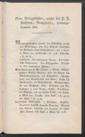 Neue Verlagsbücher, welche bey F. J. Kaiserer, Buchhändler, herausgekommen sind