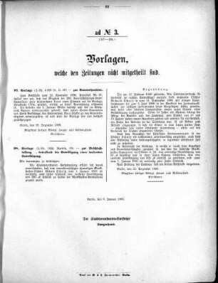 Anlage: ad No. 3 (97-98), Vorlagen, welche den Zeitungen nicht mitgetheilt sind