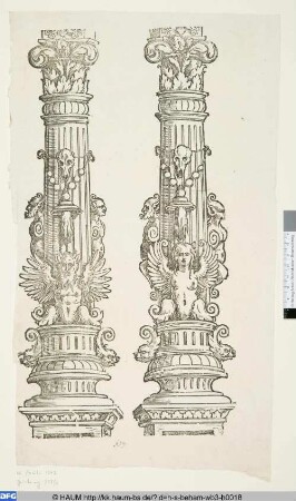 Detail einer Säule mit männlicher Halbfigur; Detail einer Säule mit weiblicher Halbfigur