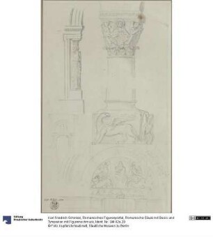 Romanisches Figurenportal, Romanische Säule mit Basis und Tympanon mit Figurenschmuck