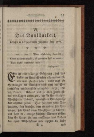 VI. Die Dankbarkeit, verlesen in der feyerlichen Johannis Loge 5777.