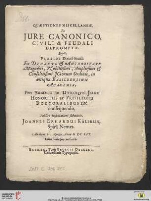 Quaestiones Miscellaneae, Ex Jure Canonico, Civili & Feudali Depromptae