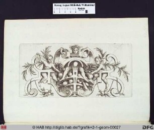 Rollwerk mit drei Figuren und Früchten.