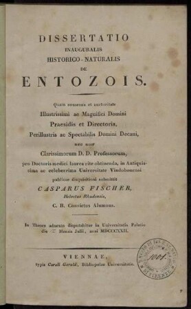 Dissertatio Inauguralis Historico-Naturalis De Entozois