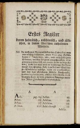 Erstes Register deren hebräisch, rabbinisch, und jüdischen, in diesem Werkchen enthaltenen Wörtern