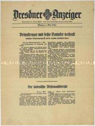 Nachrichtenblatt "Dresdner Anzeiger" mit Meldungen des Oberkommandos der Wehrmacht und des italienischen Oberkommandos u.a. über Angriffe deutscher Unterwasserstreitkräfte