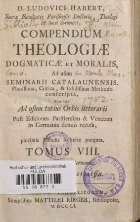 8: Compendium theologiae dogmaticae et moralis, ad usum Seminarii Catalaunensis