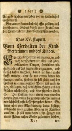 Das XV. Capitel. Vom Verhalten der Kind-Betterinnen und des Kindes.