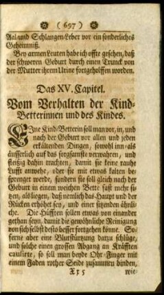 Das XV. Capitel. Vom Verhalten der Kind-Betterinnen und des Kindes.