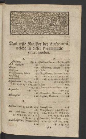Das erste Register der Auctorum, welche in dieser Grammatic citiret worden
