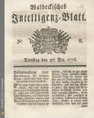 No. 11. Dienstag den 31ten Dec. 1776