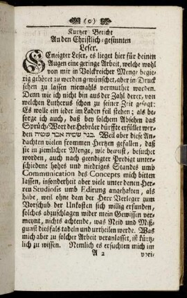 Kurtzer Bericht An den Christlich-gesinnten Leser.