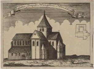 Die Klosterkirche aus dem 13. Jahrhundert in Memleben (heute Ruine, Sachsen-Anhalt), Ansicht und kleiner Grundriss mit Kreuzgang