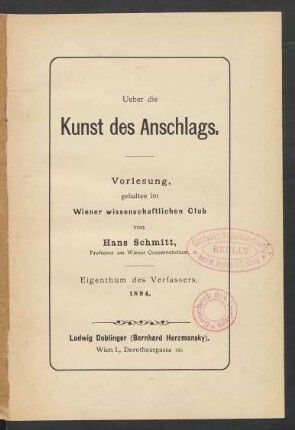 Ueber die Kunst des Anschlags : Vorlesung, gehalten im Wiener wissenschaftlichen Club