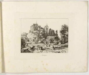 Das Schloss Nossen in Sachsen von Osten über die Pöppelmannbrücke gesehen, im Vordergrund eine Zimmermannsfamilie bei der Arbeit; Blatt 3 aus Zehn Ansichten merkwürdiger Gegenden in Sachsen von Ludwig Richter