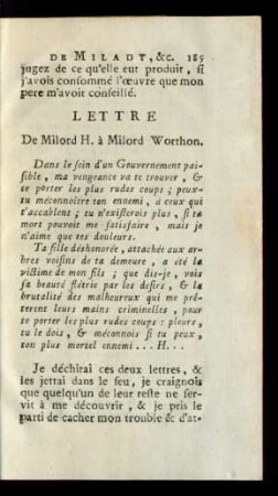 Lettre De Milord H. à Milord Worthon.