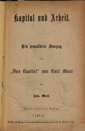 Kapital und Arbeit : Ein populärer Auszug aus "Das Kapital" von Karl Marx